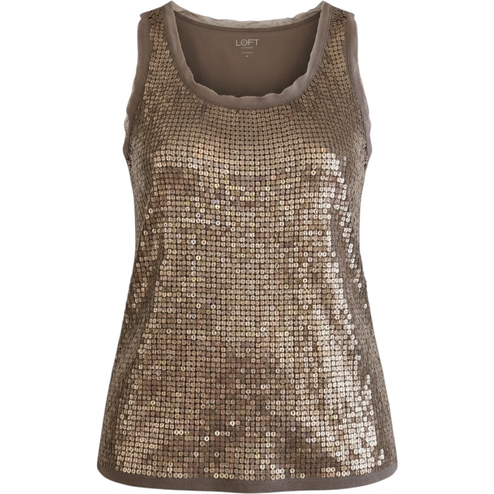Ann Taylor LOFT Petites Bronze Sequin Front Cotton Tank Top SP Sleeveless Taupe